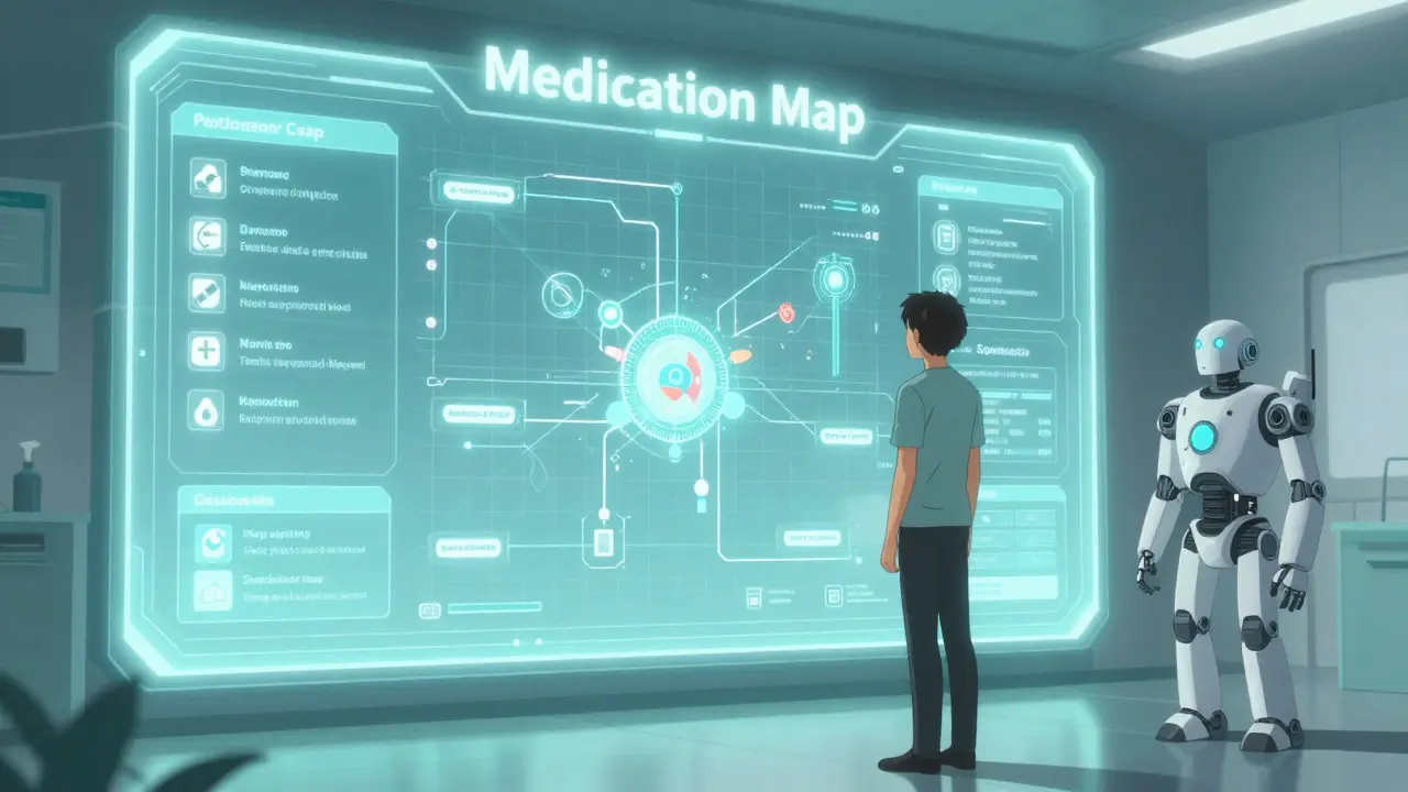 A human and a robot reviewing a holographic medication map in a mecha anime style.