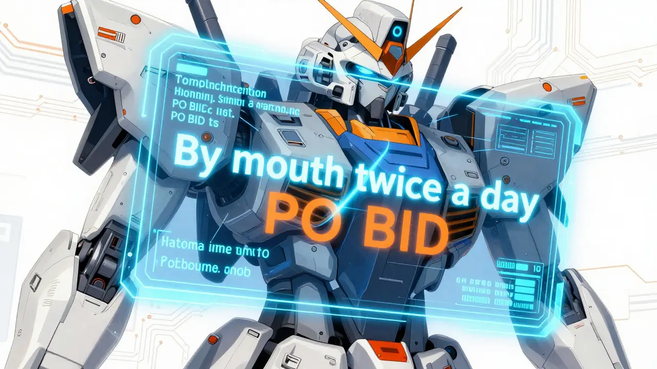 A mecha anime HUD translating Latin medical abbreviations into plain English.