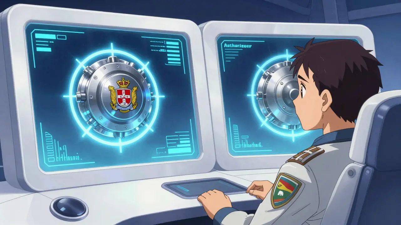 A mecha pilot comparing two identical energy cores in a high-tech cockpit.