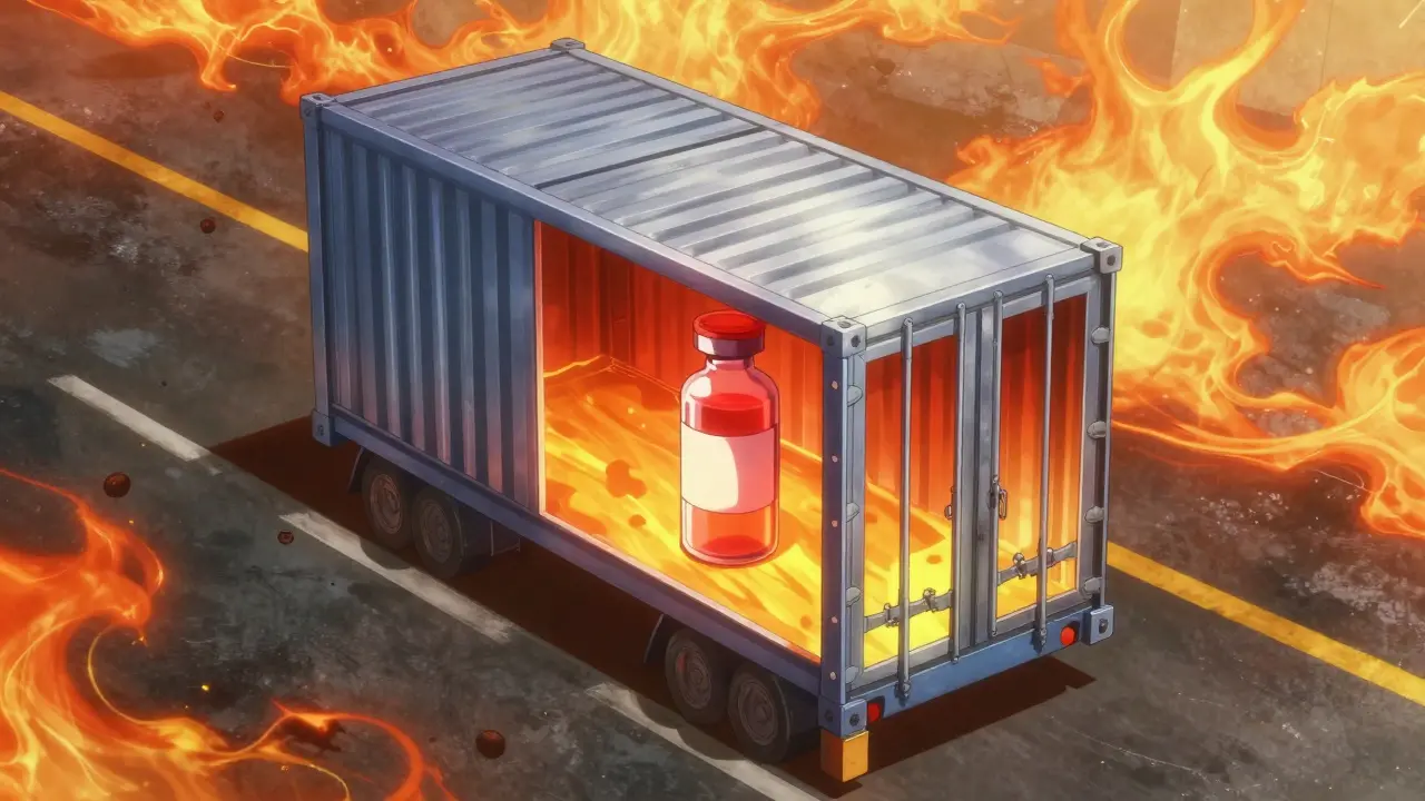 A medical shipping container under a heat haze in mecha anime style.