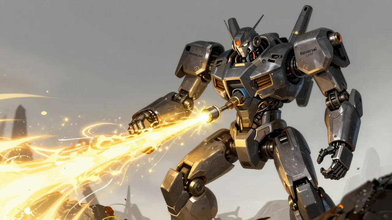 A specialized robot using a golden energy beam to stop a leak in a damaged mecha