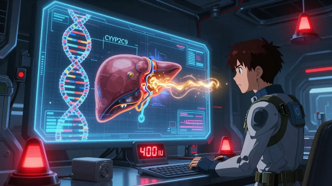 Futuristic control room with a red alert flashing for Vitamin E dosage levels.