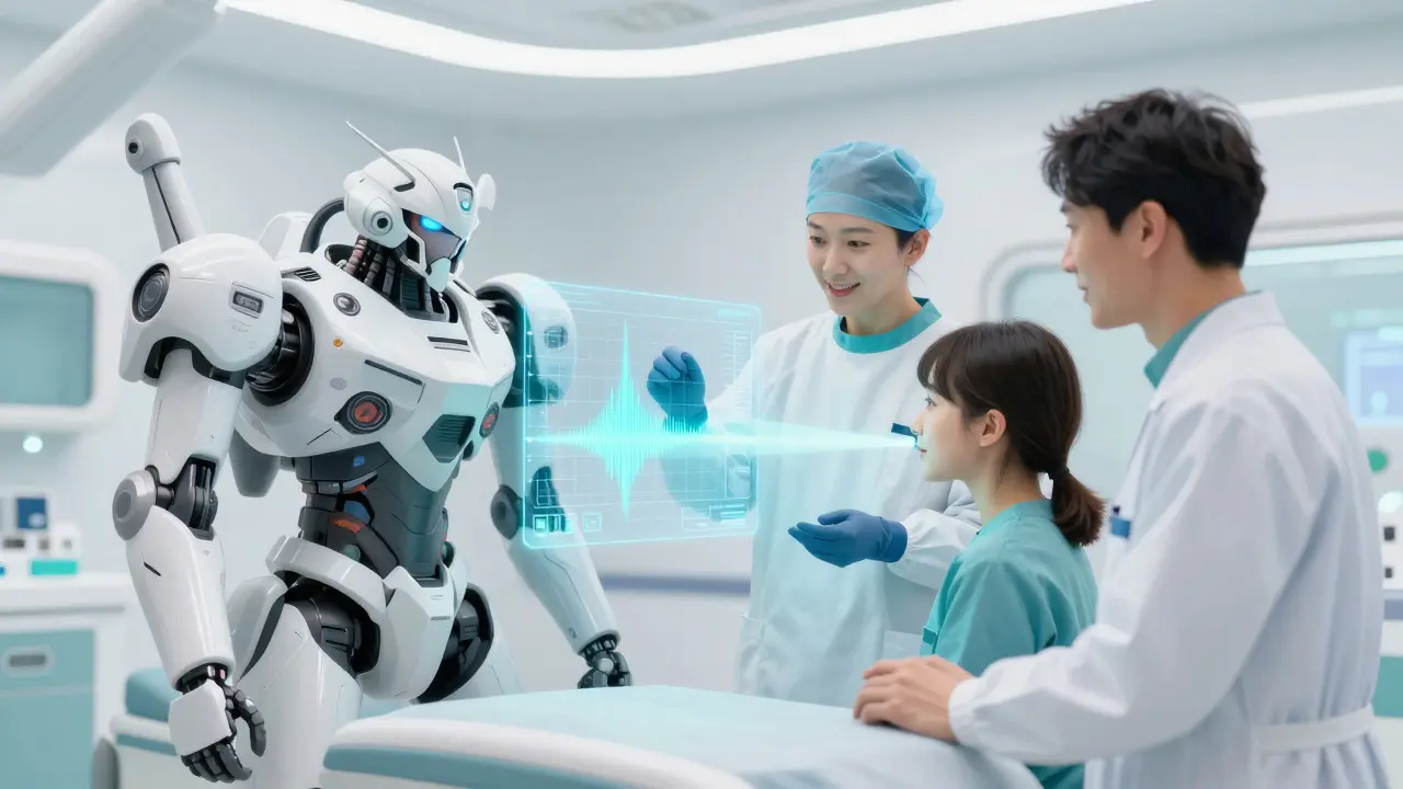 Futuristic medical team analyzing a holographic hearing frequency graph.