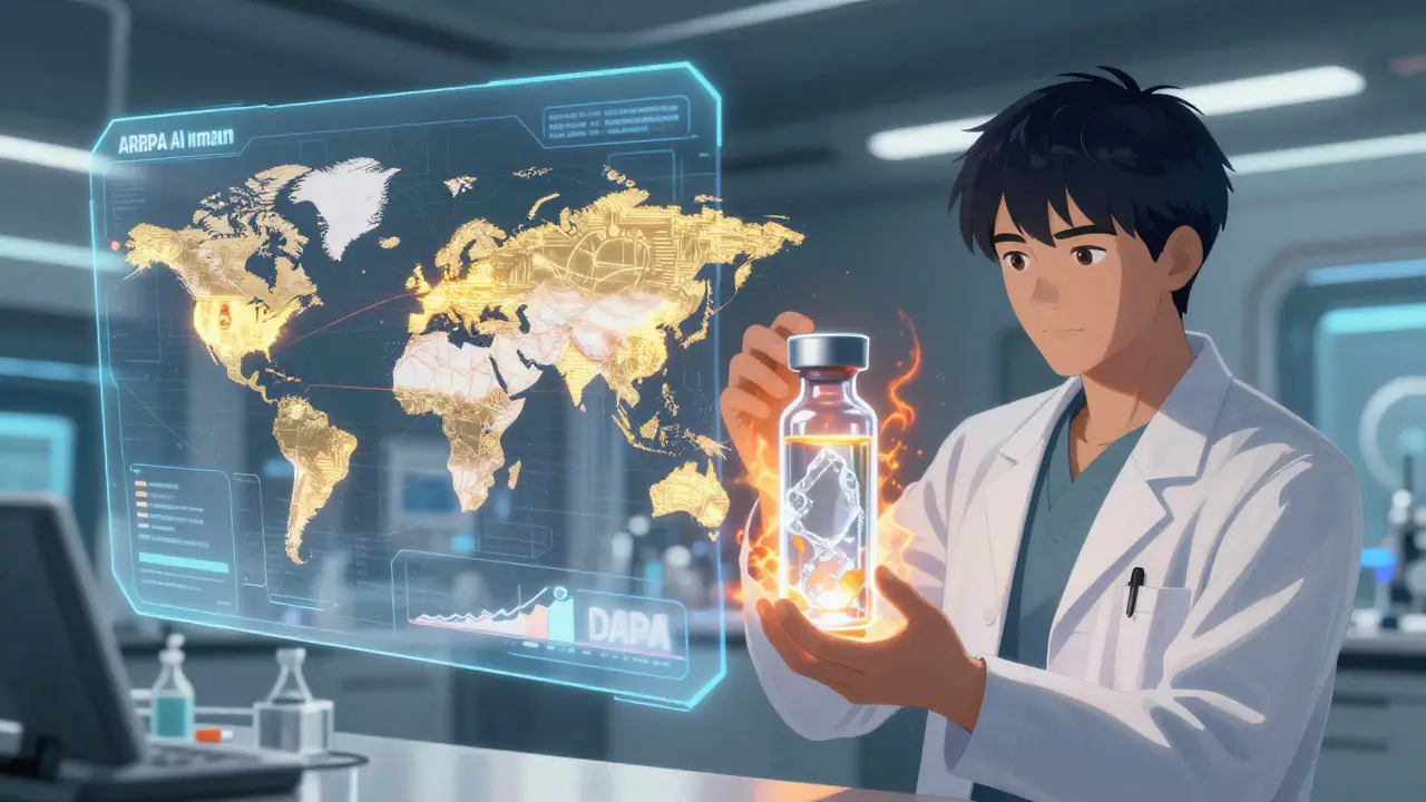 Holographic AI interface monitoring pharmaceutical stability in a futuristic lab