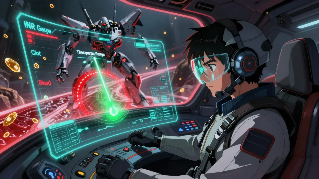 Mecha pilot monitoring an INR gauge on a holographic screen inside a cockpit