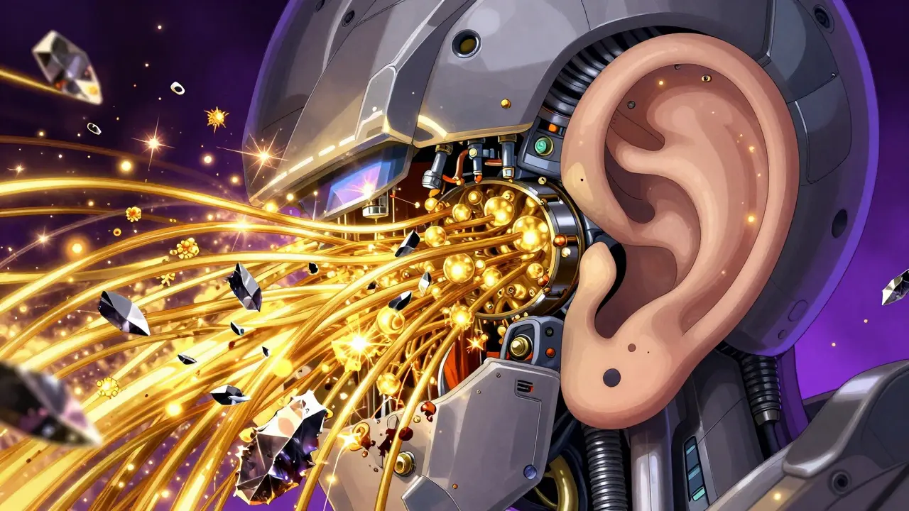 Mecha style inner ear with gold filaments being damaged by dark crystals.