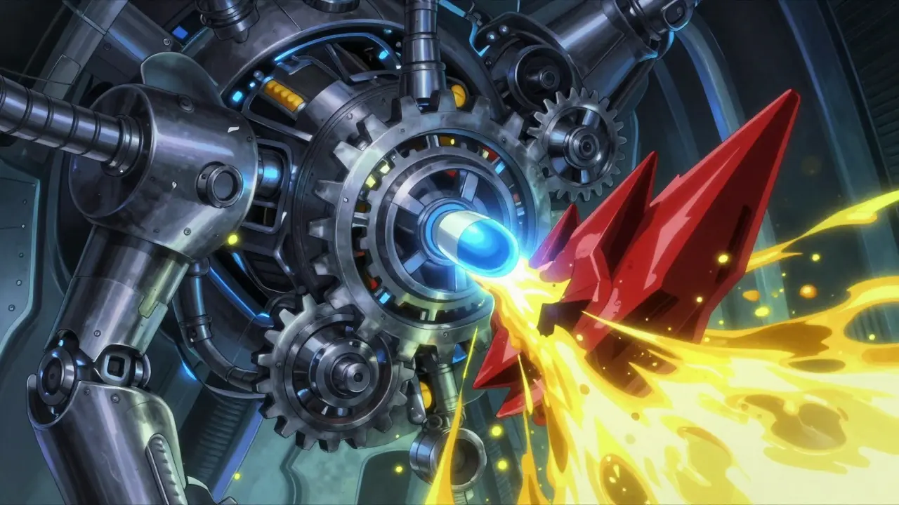 Mechanical representation of the CYP450 enzyme system in mecha anime style