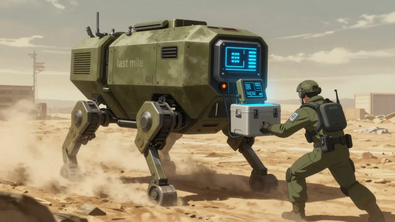 Military medic transporting a high-tech medical cooler across a dusty airfield