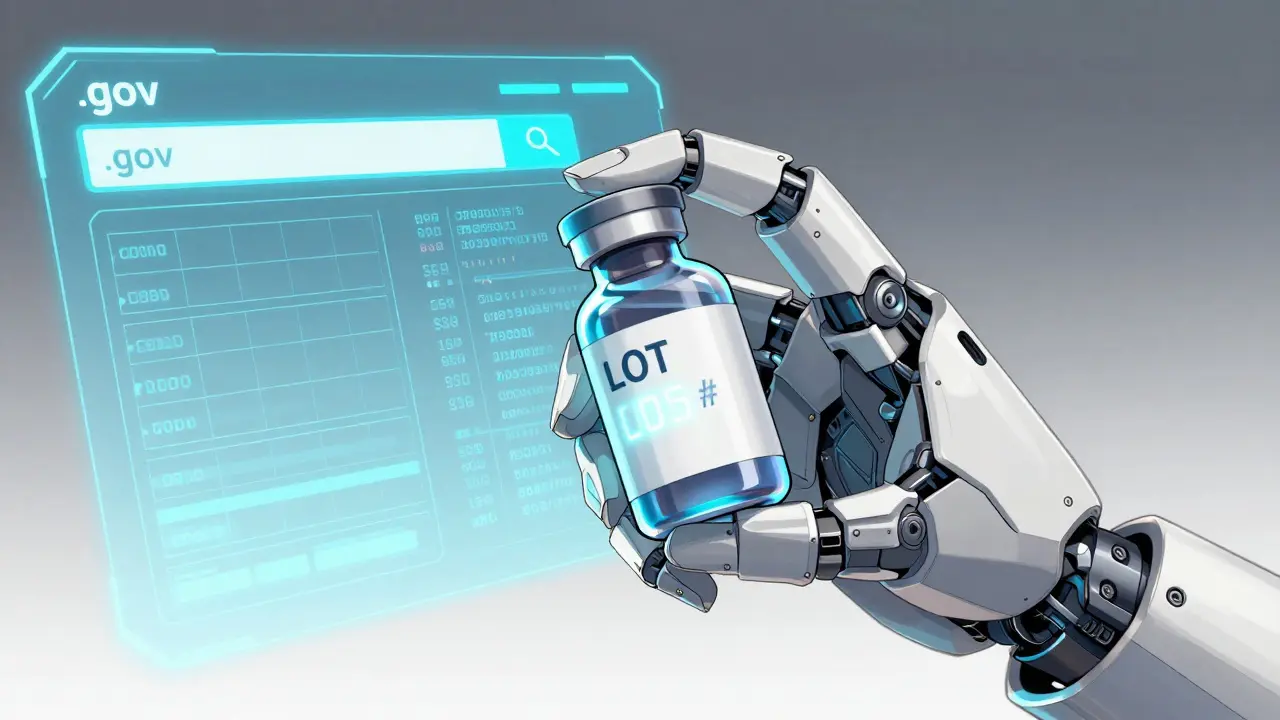 Robotic hand holding a medicine bottle with a highlighted lot number and a holographic search screen