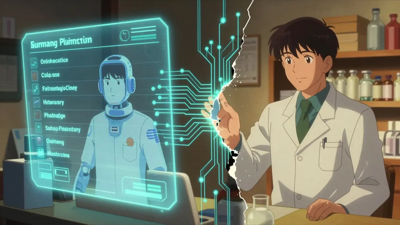 Split-screen mecha art contrasting a digital interface with a human pharmacist.