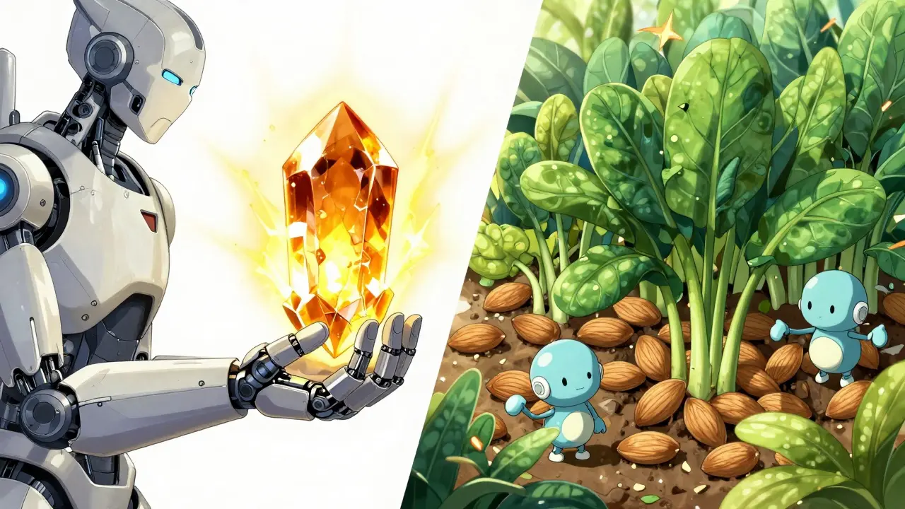 Split screen showing a dangerous supplement crystal versus safe whole foods.