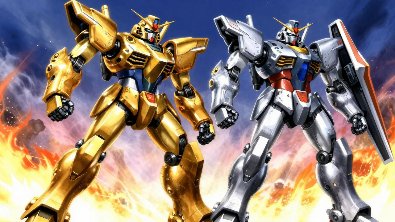 Two identical mechs standing together to block a charging enemy robot.